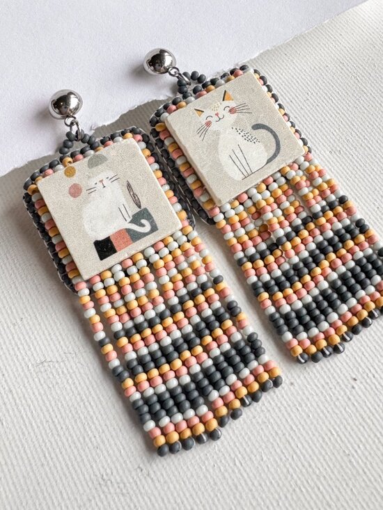 Handmade Ceramic Cat Fringe Earrings Beaded Statement Dangles - Picture 8 of 10